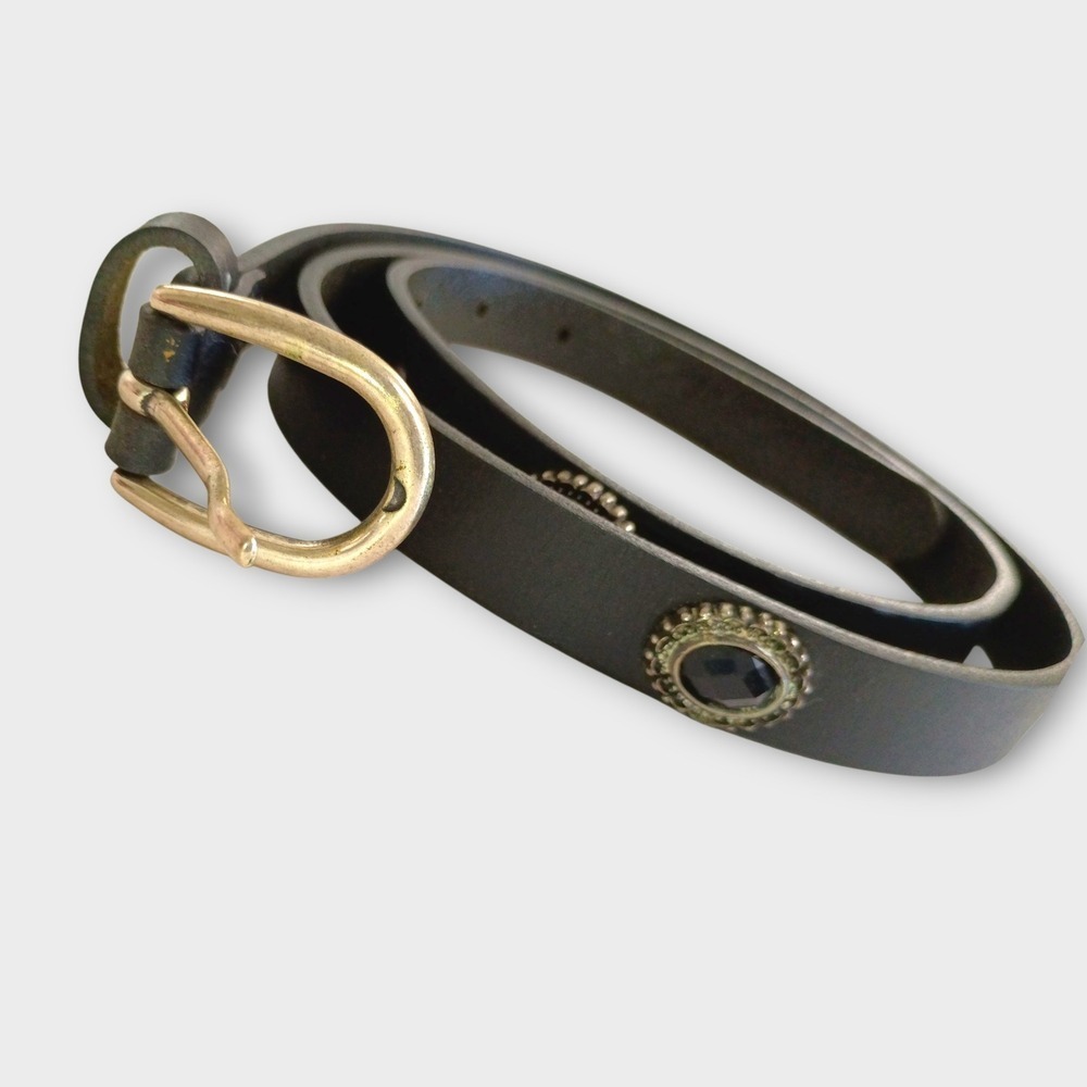 Coach Black Leather Skinny Belt with Gold Buckle and Gem Accents